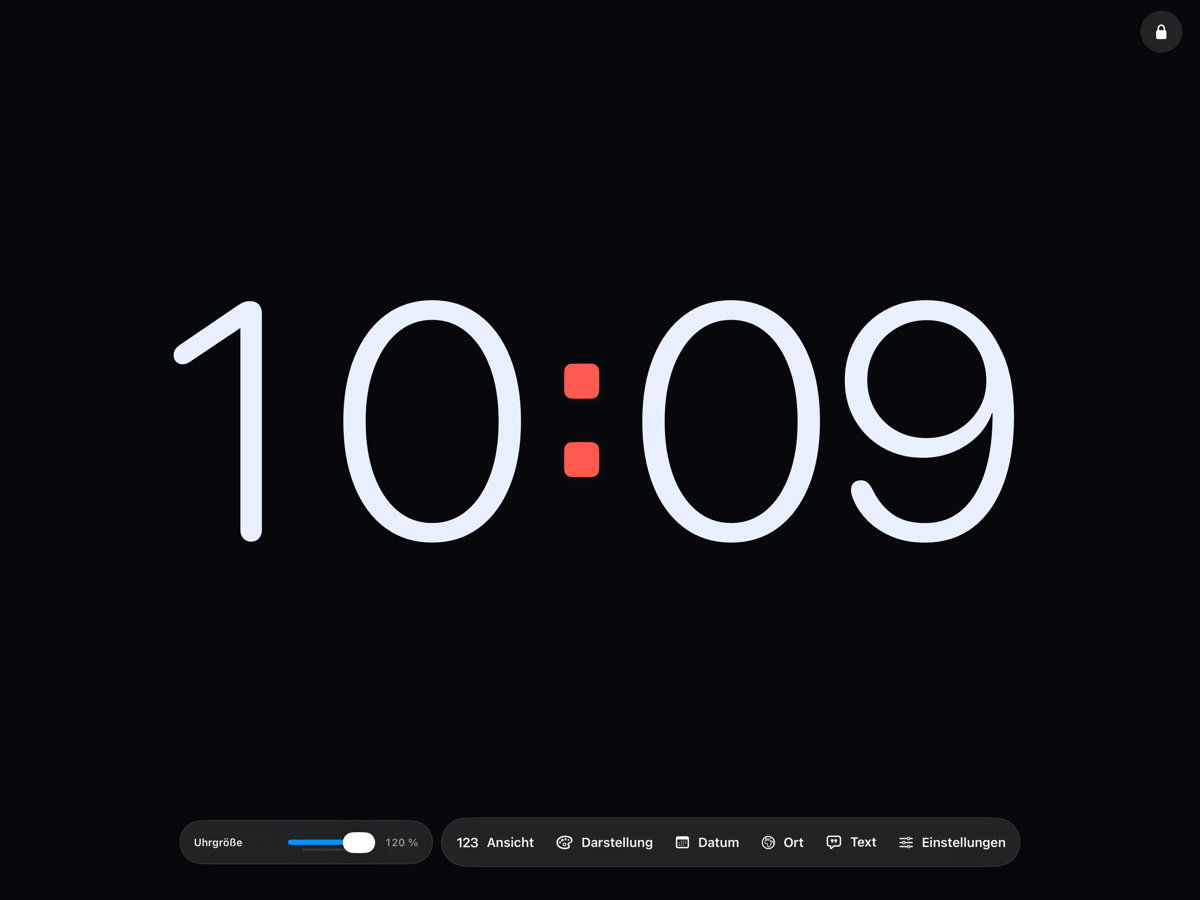 Die Bedienelemente der Uhr am unteren Rand des iPad-Bildschirms, mit der Sperrtaste oben rechts.