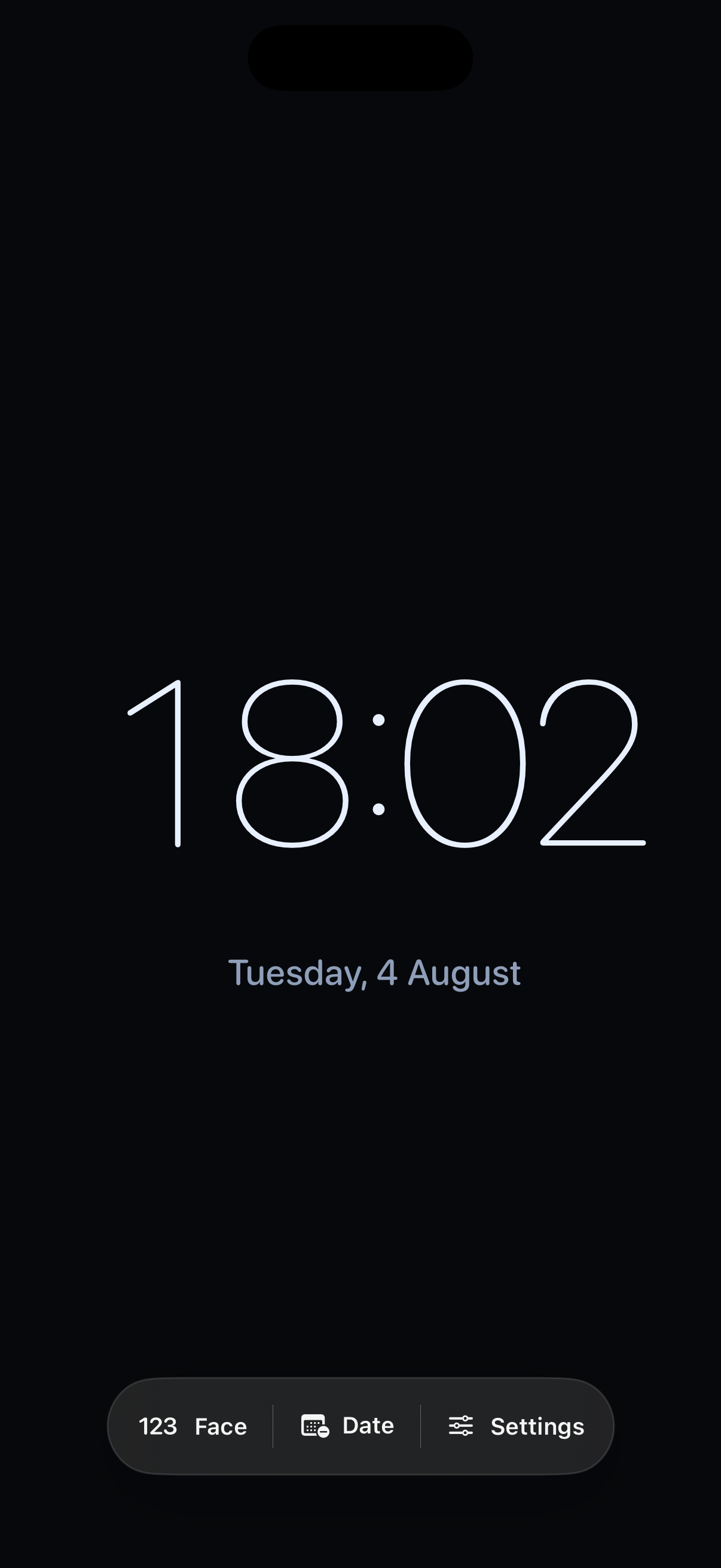 Clock app interface with Face, Date, and Settings controls