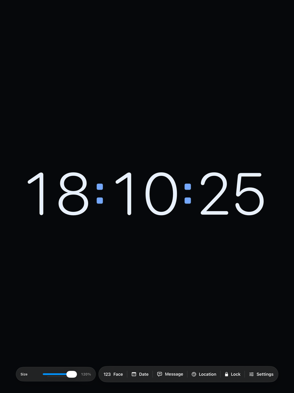 The iPad clock with the Size slider and quick controls along the bottom.
