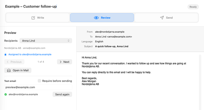Dearmailo Review showing Anna Lind’s resolved subject, greeting and company in a sample email.