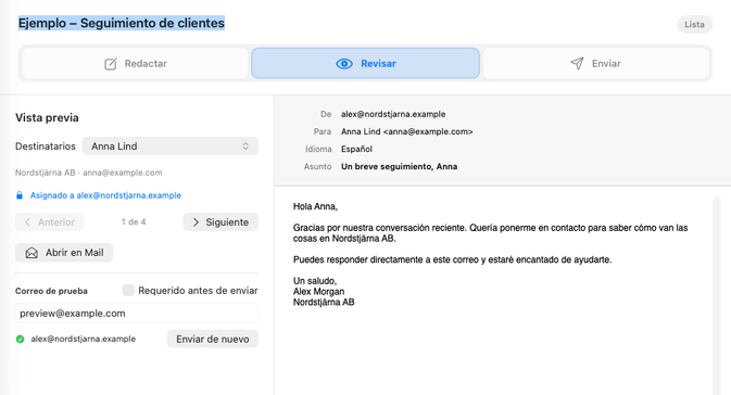 Revisa el correo completo de cada destinatario antes de enviarlo.