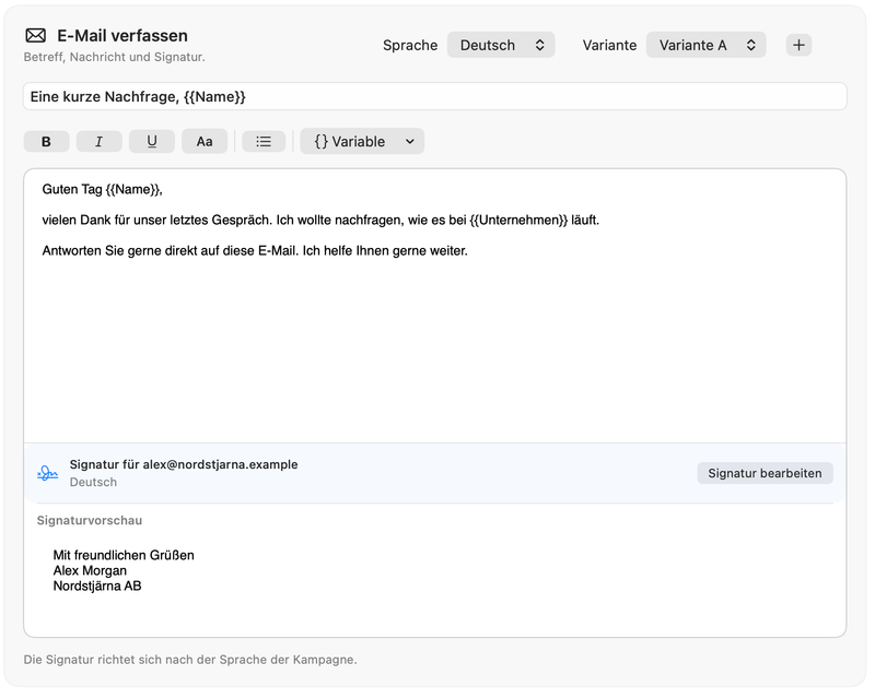 Schreibe und personalisiere deine Nachricht in Dearmailo. Beispielkontakte und Beispielsignatur.