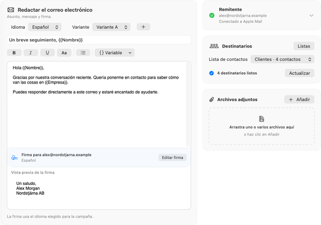Redacta y personaliza el mensaje en Dearmailo. La captura muestra contactos y una firma de ejemplo.