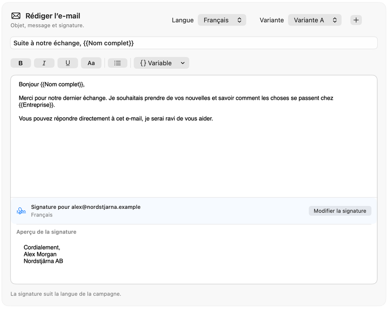 Rédigez et personnalisez votre message dans Dearmailo. Contacts et signature d’exemple.