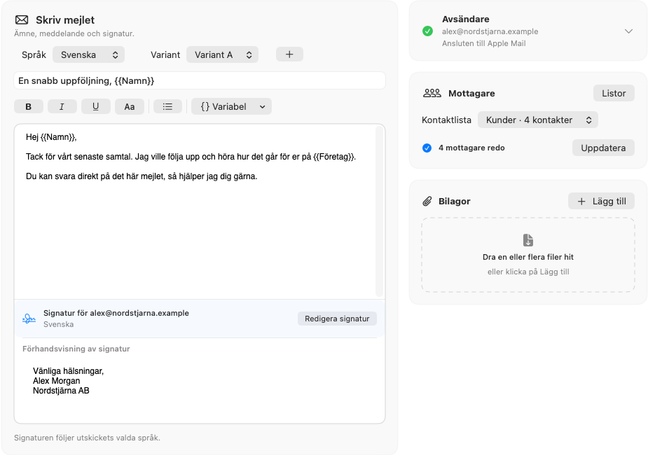 Skriv och anpassa meddelandet i Dearmailo. Bilden visar exempelkontakter och en exempelsignatur.