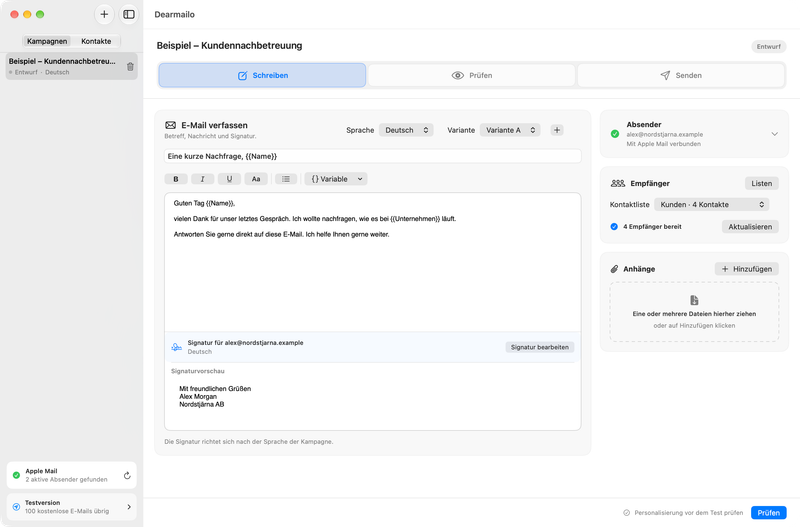 Schreibe und personalisiere deine Nachricht in Dearmailo. Beispielkontakte und Beispielsignatur.