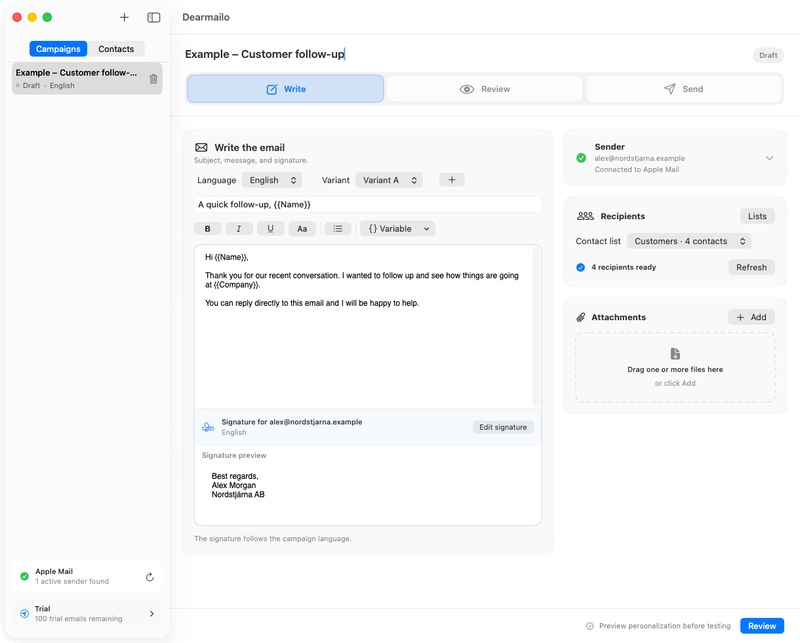 Dearmailo’s light-mode Write workspace with contact variables, a sender and an English signature