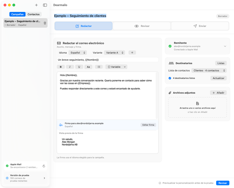 Vista de escritura de Dearmailo en modo claro, con variables de contacto, remitente y firma en español