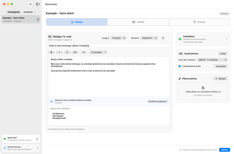 Rédigez et personnalisez votre message dans Dearmailo. Contacts et signature d’exemple.