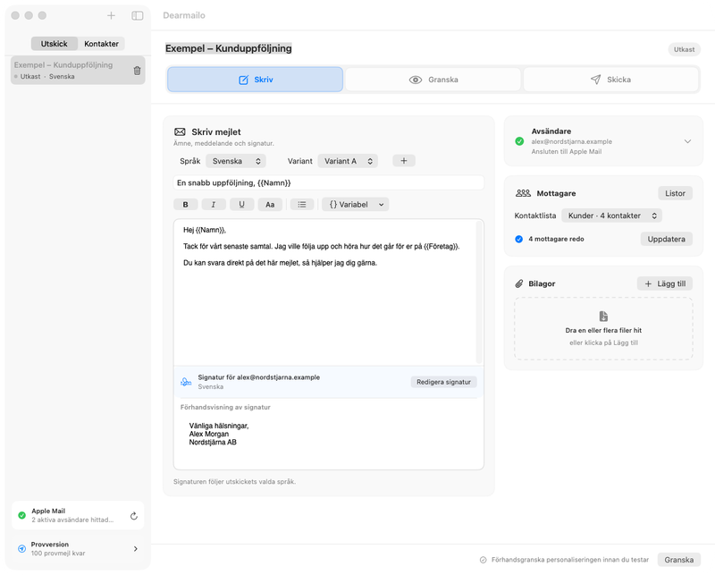 Dearmailos ljusa skrivvy med kontaktvariabler, avsändare och svensk signatur