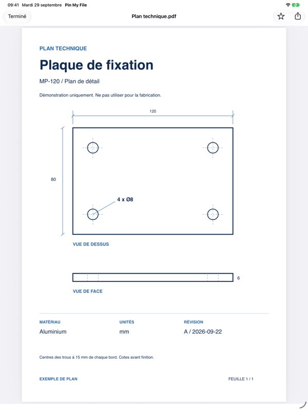 Pin My File sur iPad affiche un exemple de dessin technique en plein écran.