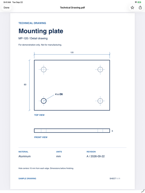 Pin My File on iPad showing a sample technical drawing in full screen.