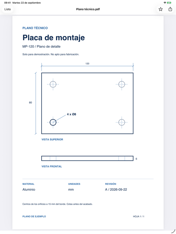 Pin My File en el iPad con un plano técnico de ejemplo a pantalla completa.