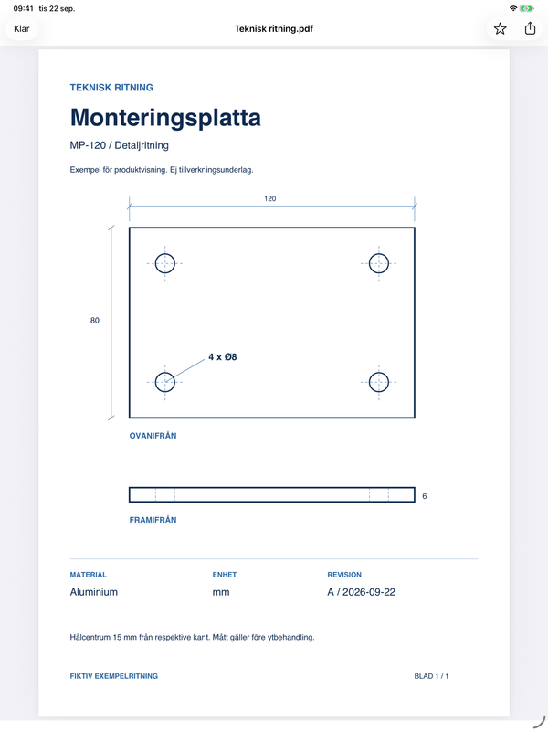 Pin My File på iPad med en teknisk exempelritning i helskärmsvisning.