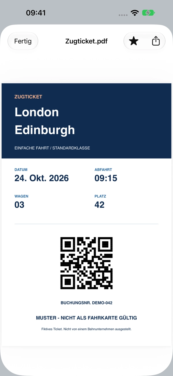 Das ausgewählte Beispiel-Ticket öffnet sich direkt. Es ist nicht als Fahrkarte gültig.