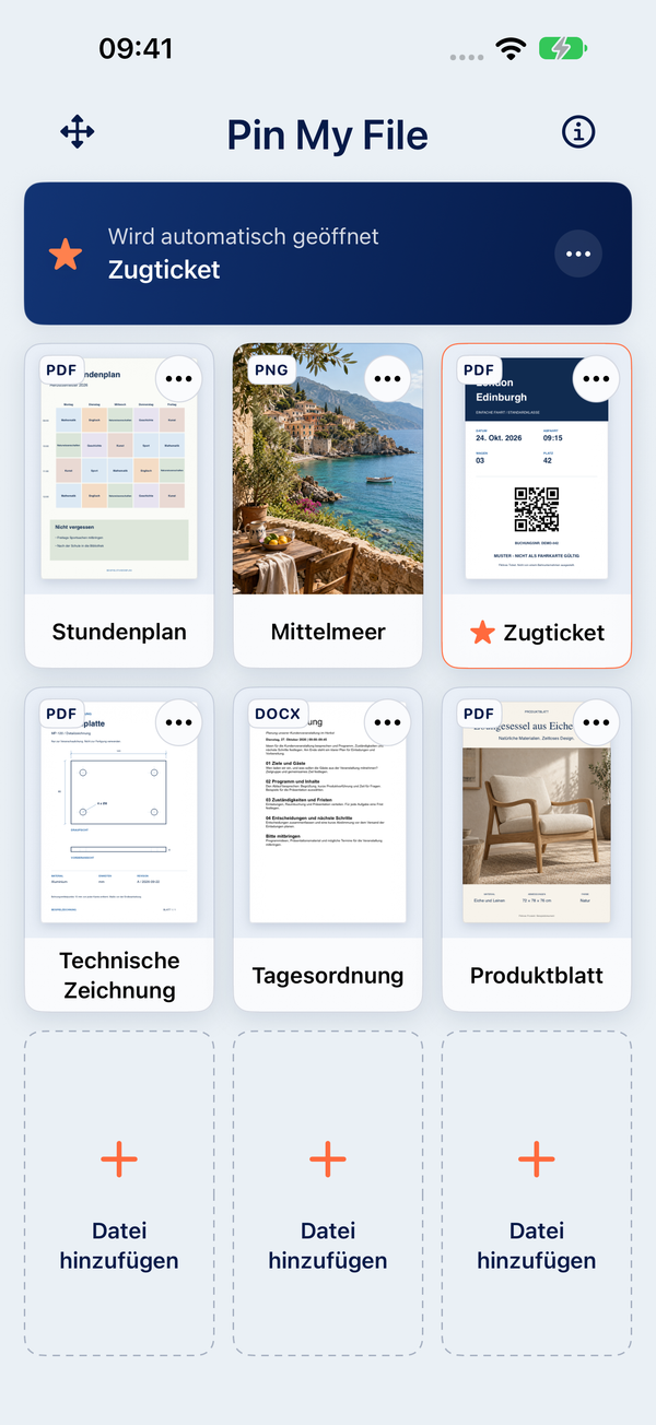 Pin My File auf dem iPhone: Stundenplan, Foto, Zugticket, technische Zeichnung, Word-Dokument und Produktblatt. Das Zugticket ist für das automatische Öffnen ausgewählt.