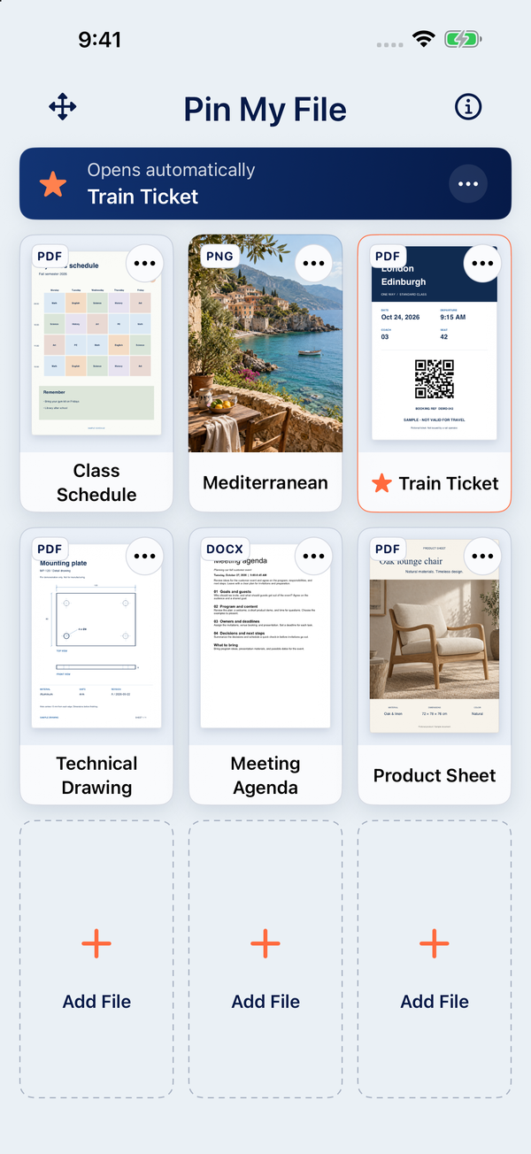 Pin My File on iPhone: a class schedule, photo, train ticket, technical drawing, Word document and product sheet. The train ticket is selected for automatic opening.