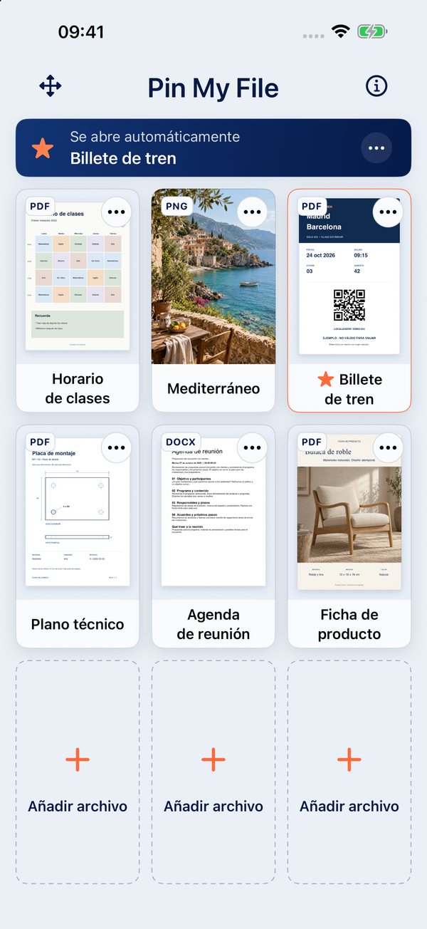 Pin My File en el iPhone con un horario de clases, una foto, un billete de tren, un plano técnico, un documento de Word y una ficha de producto. El billete tiene activada la apertura automática.