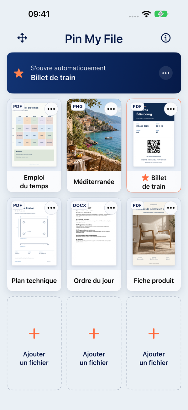 Pin My File sur iPhone : emploi du temps, photo, billet de train, dessin technique, document Word et fiche produit. Le billet de train est sélectionné pour l’ouverture automatique.