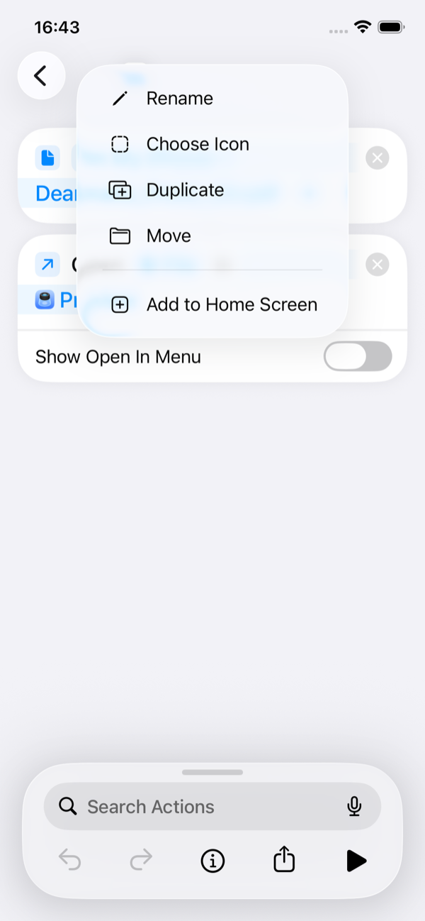 English Shortcuts title menu showing Rename, Choose Icon, Duplicate, Move and Add to Home Screen.