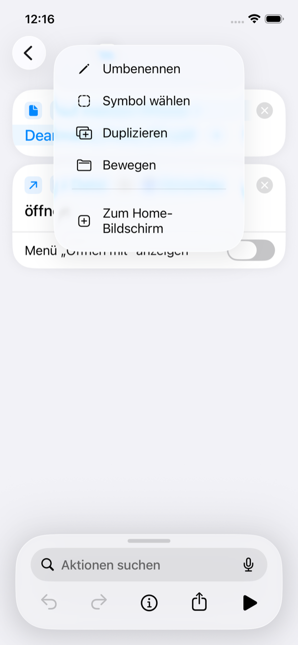 Öffne das Menü neben dem Namen des Kurzbefehls und wähle „Zum Home-Bildschirm“.