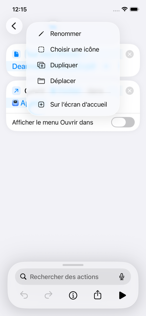 Ouvrez le menu à côté du nom du raccourci, puis choisissez Sur l’écran d’accueil.