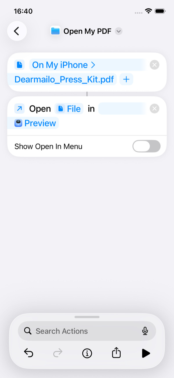 English Shortcuts editor showing Dearmailo_Press_Kit.pdf in On My iPhone, followed by Open File in Preview with Show Open In Menu off.