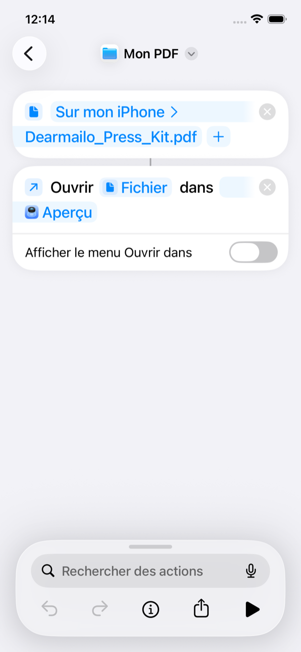 L’action Ouvrir le fichier utilise le PDF sélectionné à l’étape précédente.