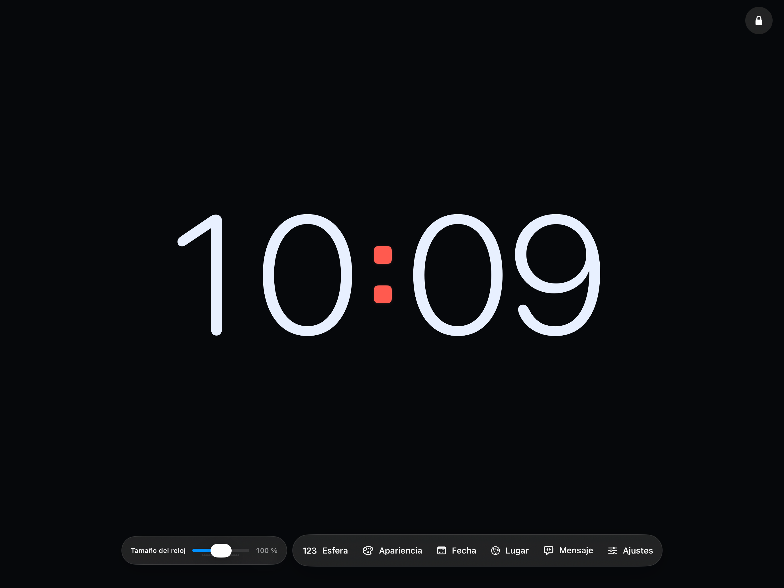 Detalle: toca Esfera para ajustar el tamaño del reloj o Fecha para el de la fecha.