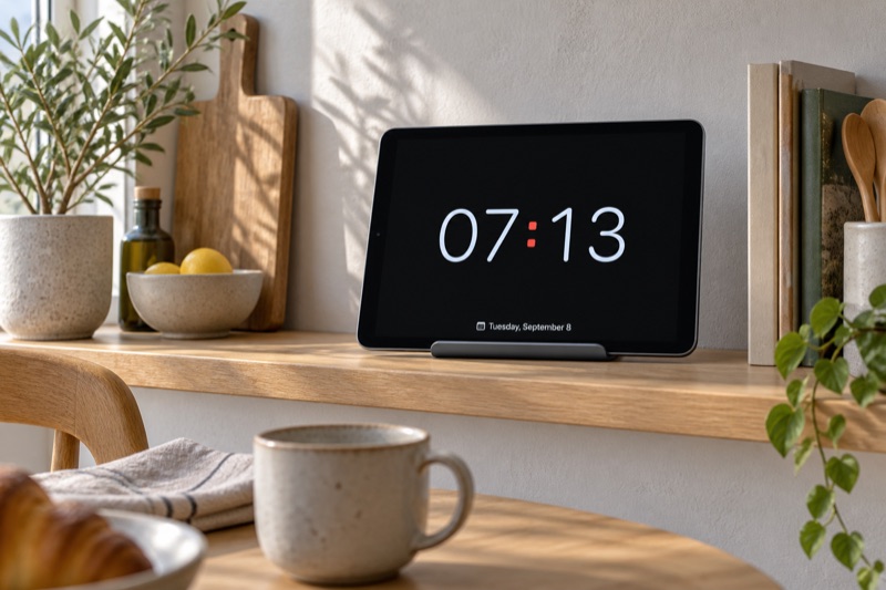 Illustrated home kitchen with an iPad displaying Long Lasting Clock beside the breakfast table.