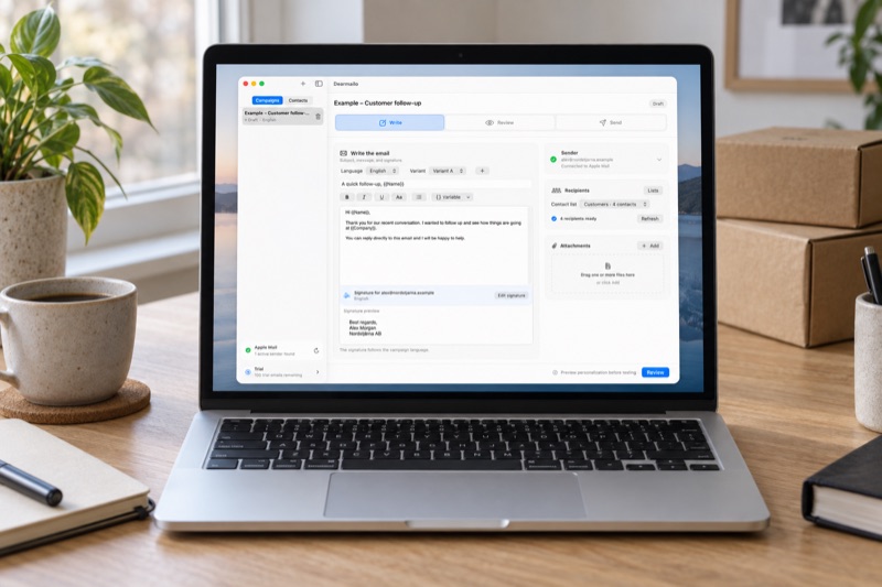 Illustrated home-business workspace with Dearmailo open on a MacBook for preparing customer follow-up emails.
