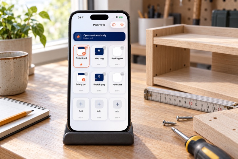 Illustrated home workbench with an iPhone showing a project file selected in Pin My File.